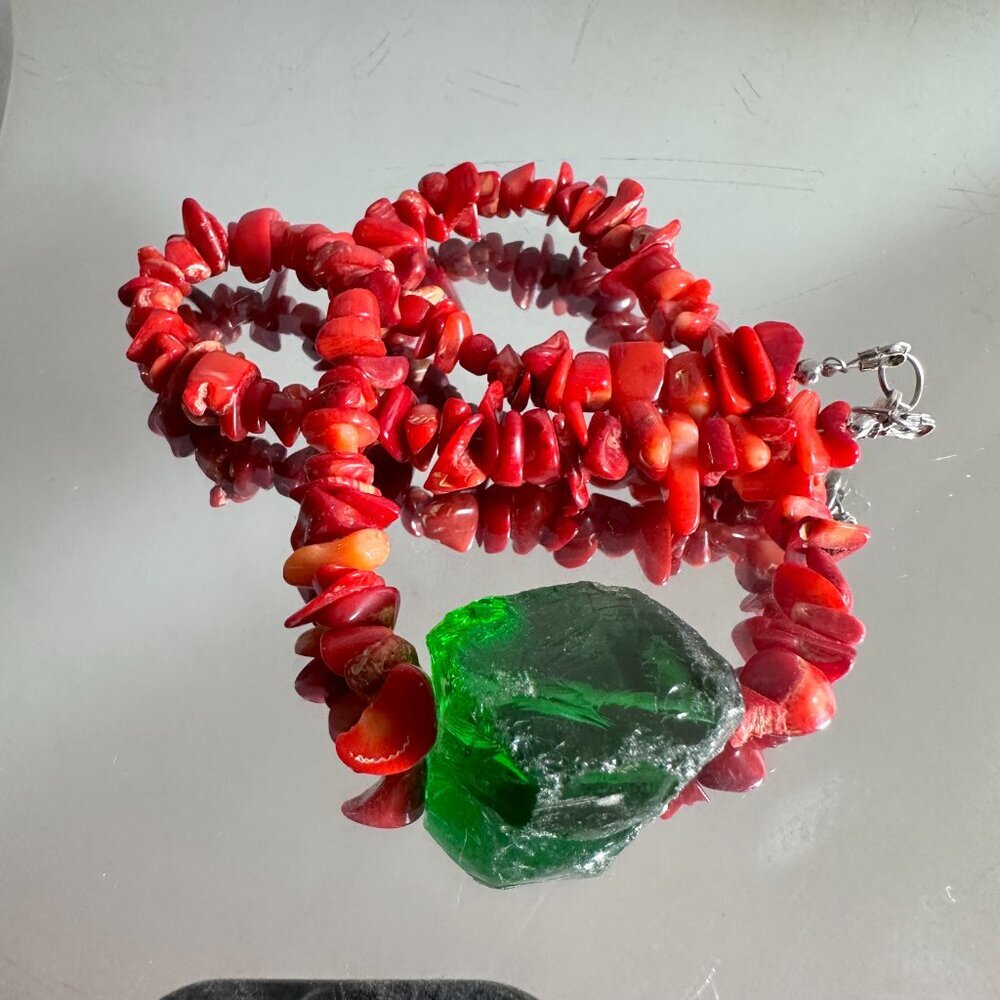 Green Sea Glass Red Coral Pendant Sterling Silver Necklace 925 Handmade Beach - Picture 8 of 11